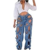 Vaceky Hollow Out Jeans Women Y2K Trendy High Waist Straight Leg Stretchy Summer Denim Pant