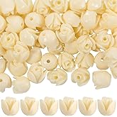 SUNNYCLUE 1 Box 100Pcs Jasmine Flower Bead Coral Flower Beads Bulk Small Synthetic Artificial 3D Carved Beige Dyed Rose Floral Shaped Loose Spacers for Jewelry Making Necklace Bracelet DIY Crafts