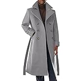 Runcati Mens Trench Coat Notch Lapel Double Breasted Belted Pea Coat Wool Blend Winter Warm Overcoat