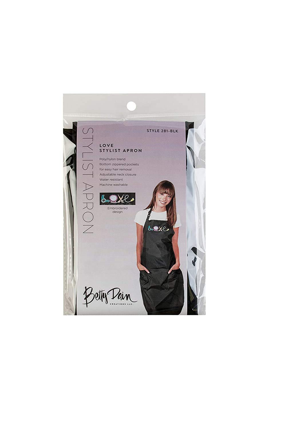 Betty Dain Embroidered Love Stylist Apron, Stylish, Lightweight Iridescent Fabric with Embroidered Decal, Versatile Color, Water Resistant, Convenient Snap Neck Closure, Black/Multi: Beauty