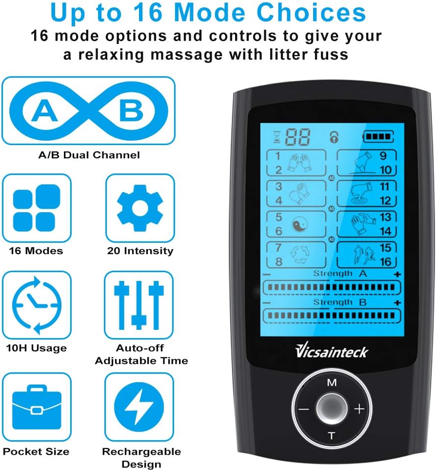 Tens and Powered Muscle Stimulator, 16 Modes Dual Channel TENS Unit TENS/PMS EMS Rechargable Electronic Pulse Massager Device for Pain Relief Therapy with 10 Pads: Health & Personal Care