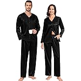 SWOMOG Family Matching Pajamas Sets for Women & Men Couples 2 Pcs Silk Satin Pjs Sets Button-Down Sleepwear Soft Loungewear Black