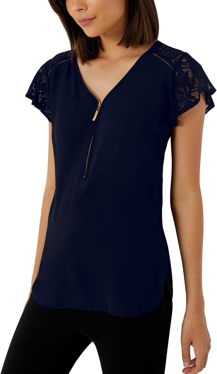 Blooming Jelly Women Casual T-Shirt V Neck Zipper Short Sleeve Vest Top Lace Embroidered Tunic Blouse