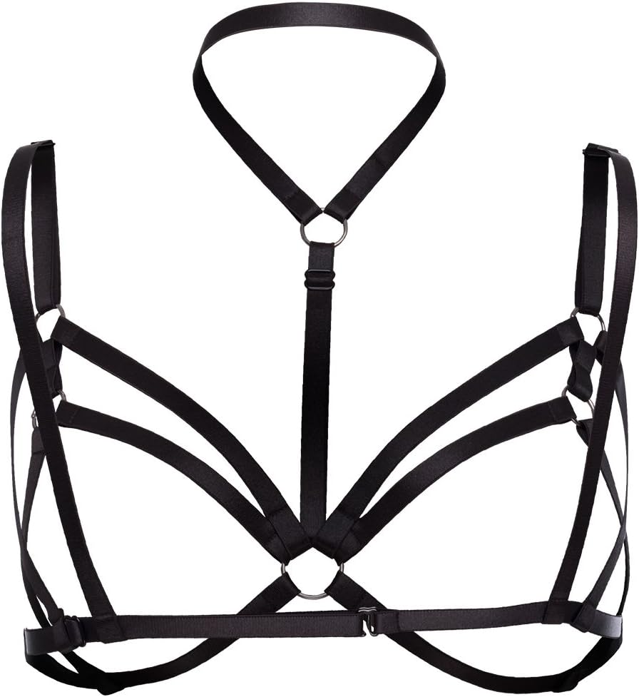 Women Body Harness Bra Waist Belt Strappy Crop Tops Goth Punk Pentagram Festival Rave Bralette (Black O0394)