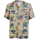 Disney Lilo and Stitch Men's Stitch Tropical Hawaiian Button Up Shirt