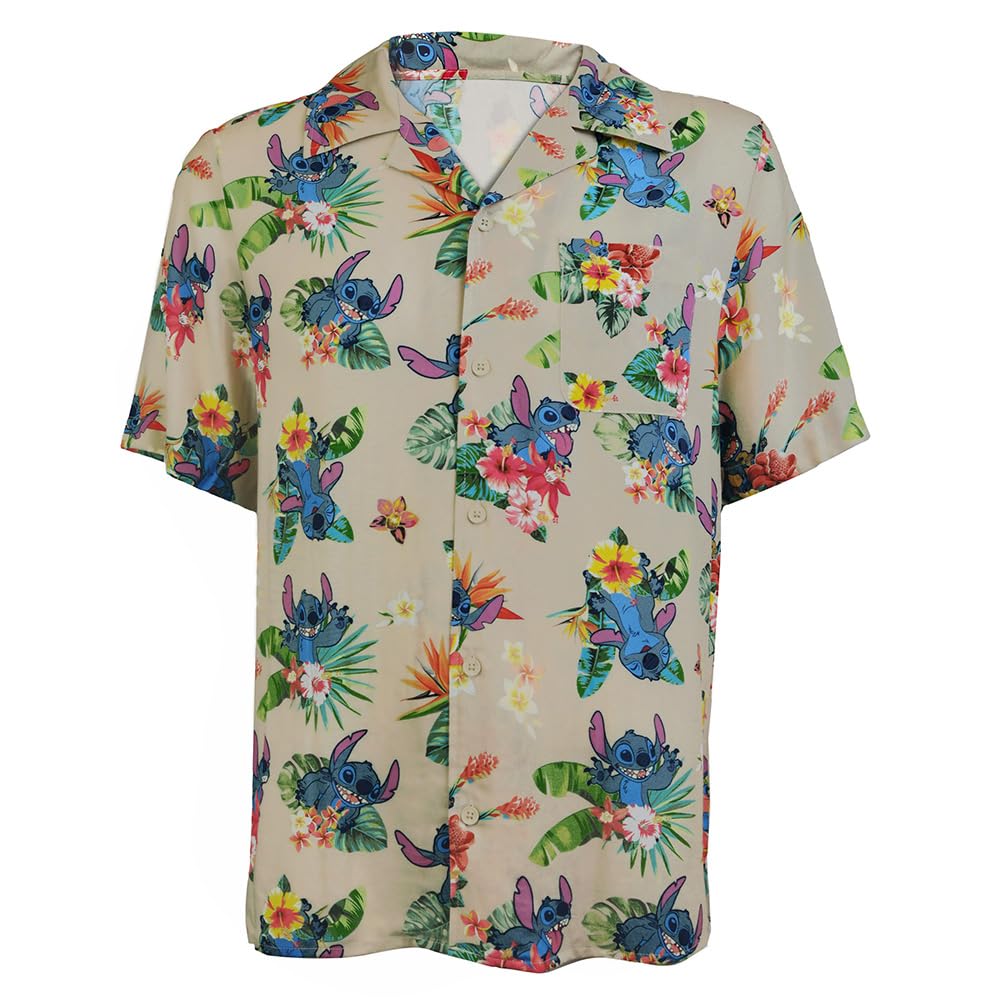 Disney Lilo and Stitch Men’s Stitch Tropical Hawaiian Button Up Shirt (Small) Khaki