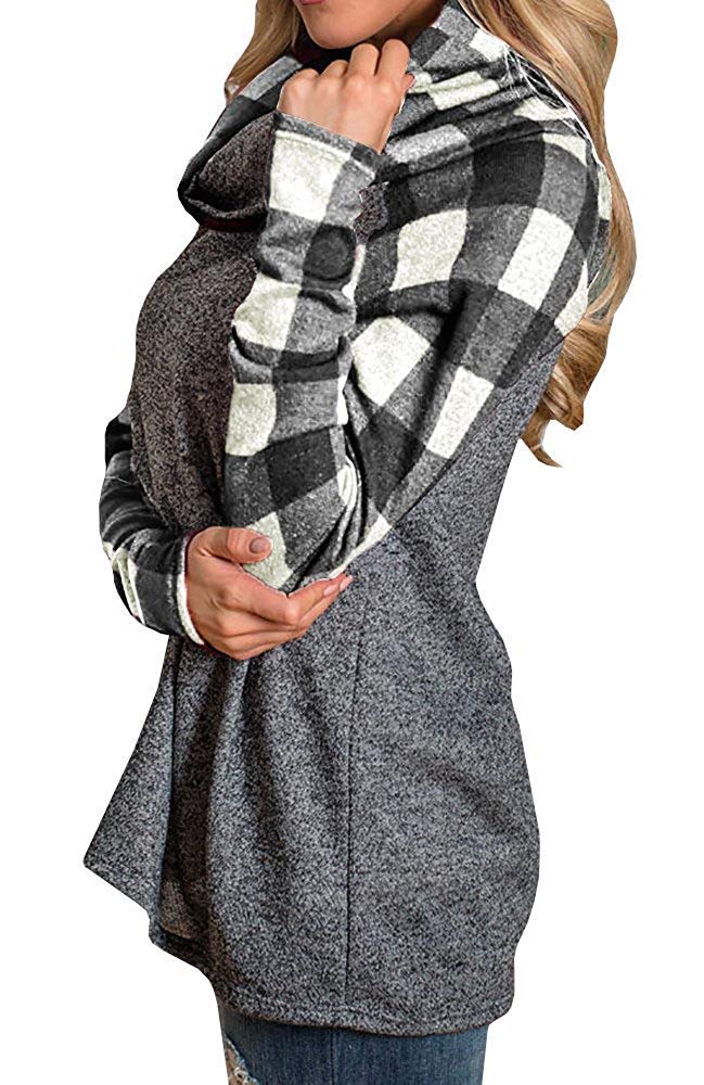 Women\'s Cowl Neck Plaid Sweatshirts Long Sleeve Casual Raglan Shirt Pullover White