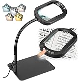 Veemagni 10X Rectangle Magnifying Glass with Light and Stand, Flexible Gooseneck LED Lighted Desk Lamp, 5 Color Modes Stepless Dimmable, Hands Free Magnifier for Reading Crafts Painting Close Work