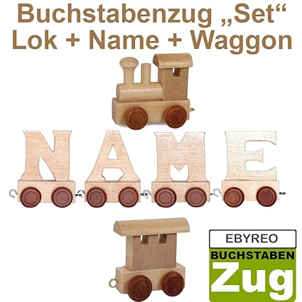 Buchstabenzug Namens-Set Lok + Theo + Endwaggon | EbyReo® Namenszug aus Holz | personalisierbar | Geschenk zur Geburt | Taufg