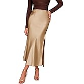 Plilima Women's Satin High Waisted Maxi Skirt Elegant Work Straight Skirts Side Split Elastic Waistband