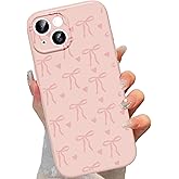 lioscre Cute Bow Phone Case for iPhone 13 6.1", Aesthetic Pink Heart Ribbon Bowknot Pattern Print Design Women Girly Case Gloss Raised Camera Protective Cover Soft Slim Silicone Shockproof TPU Funda