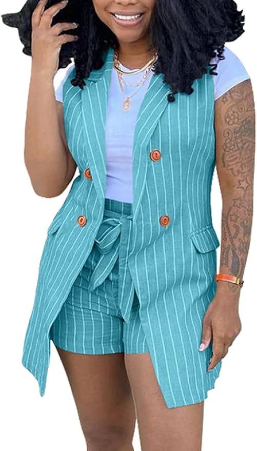 Women's Two Pieces Outfit, Sleeveless Blazers Jacket with Shorts Suit