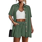 RITERA Womens Plus Size 2 Piece Outfits Cotton Linen Set Button Down Short Sleeve Shirt Drawstring Shorts Beach Vacation Sets