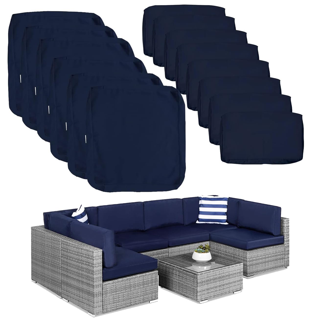 Photo 1 of ClawsCover 14Pack Outdoor Patio Seat and Back Cushions Replacement Covers Fit for 7Pieces 6-Seater Wicker Rattan Sectional Couch Chair Furniture Set,Navy-Include Cover Only (Large)