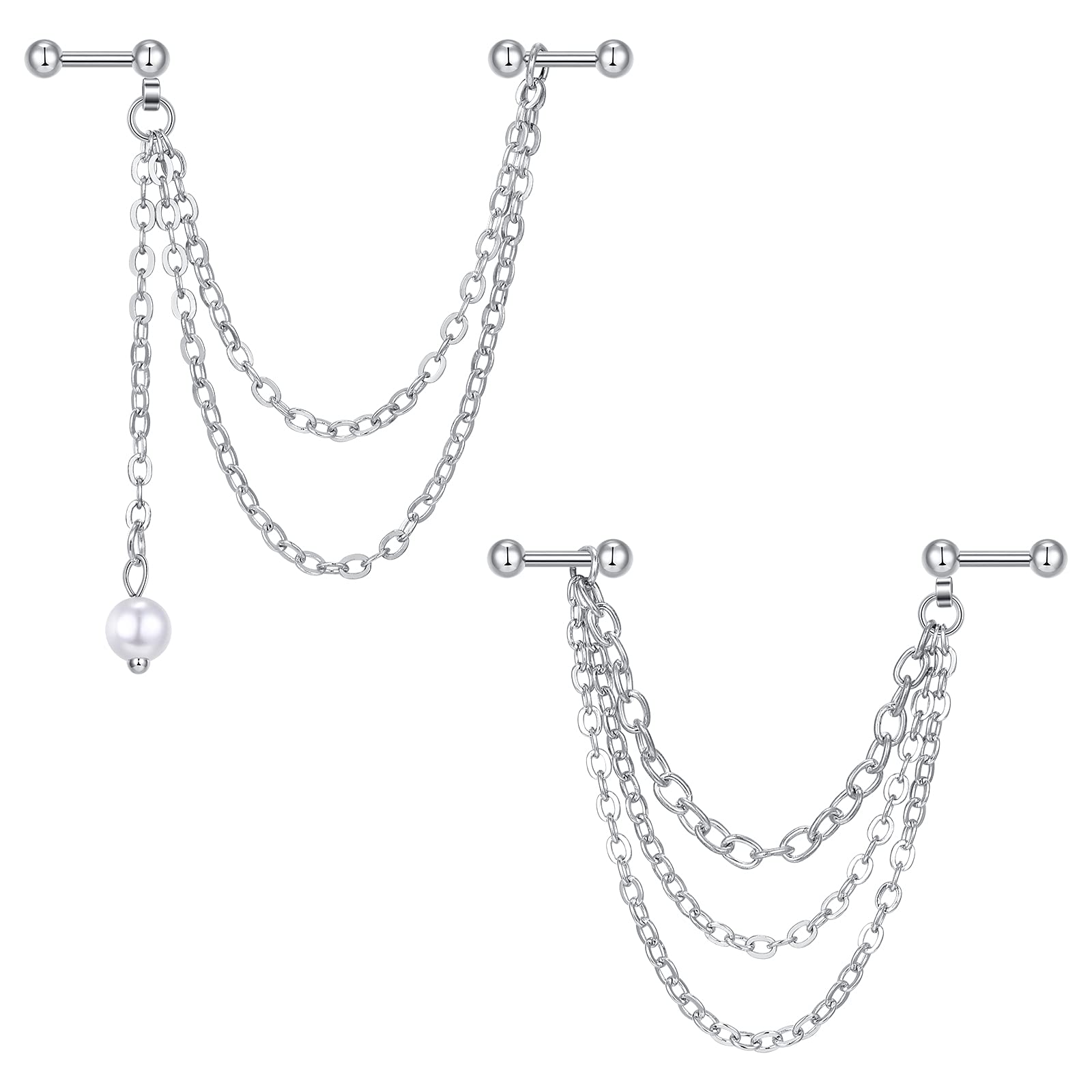 Briana Williams 2pcs Silver Ear Piercing Studs with Chain 16G Cartilage Helix Knorpel Piercing Jewellery Double Chain Dangle Surgical Steel