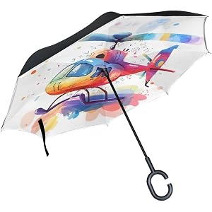 ALAZA Helicopter Watercolor Inverted Umbrella | Large Reverse Upside Down Umbrella for Rain Car Stick Umbrella Double Layer w