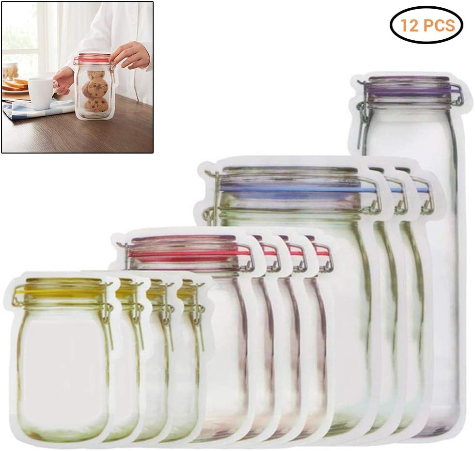 Urhomy Mason Jar Bottles Bags, 12PCS Reusable Food Saver Storage Bags Snacks Zipper Sealed Bags Fresh Leakproof Food Saver Bags