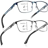 SKYFUEN Unbreakable Progressive Reading Glasses Men Multifocus Metal Full Frame, Blue Light Blocking/UV400 Protection Computer Readers with Durable Flexible Spring Hinges(Gunmetal+Navy Blue, +1.75)