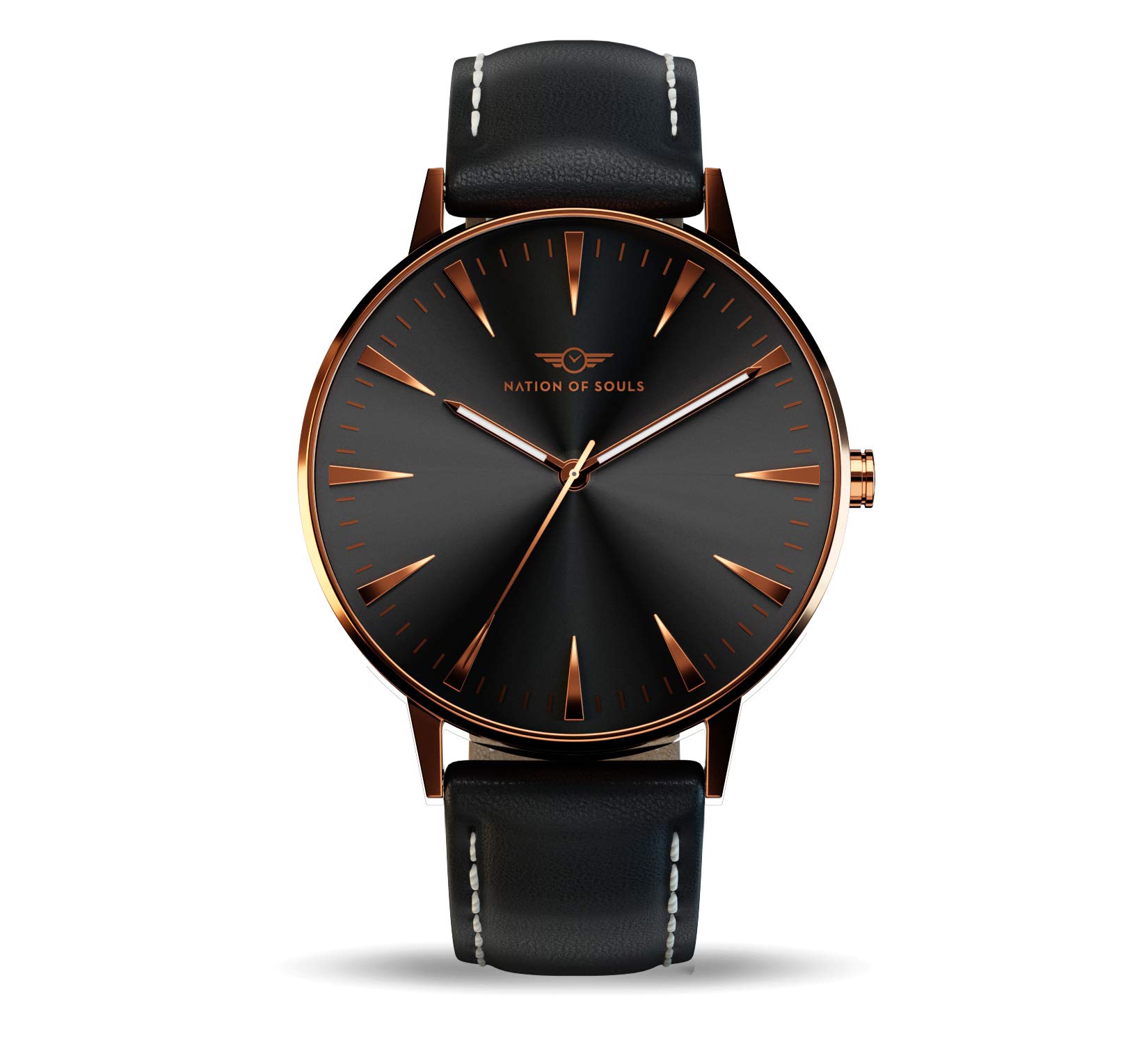 Nation of Souls Argo Collection Rose Gold and Black Unisex 42mm Stainless Steel Case Wrist Watch with 20mm Leather Strap British Designed Watches โ image 1