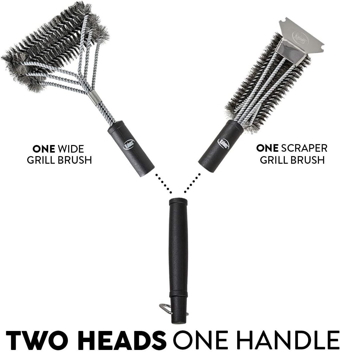 Kaluns Grill Brush, BBQ Grill Brush, Grill Brush and Scraper Set, Includes Two Brush Heads, one Removable 18" Long Handle, Stainless Steel Durable Wire Bristles, Cleaning Tool for All Barbeques: Kitchen & Dining