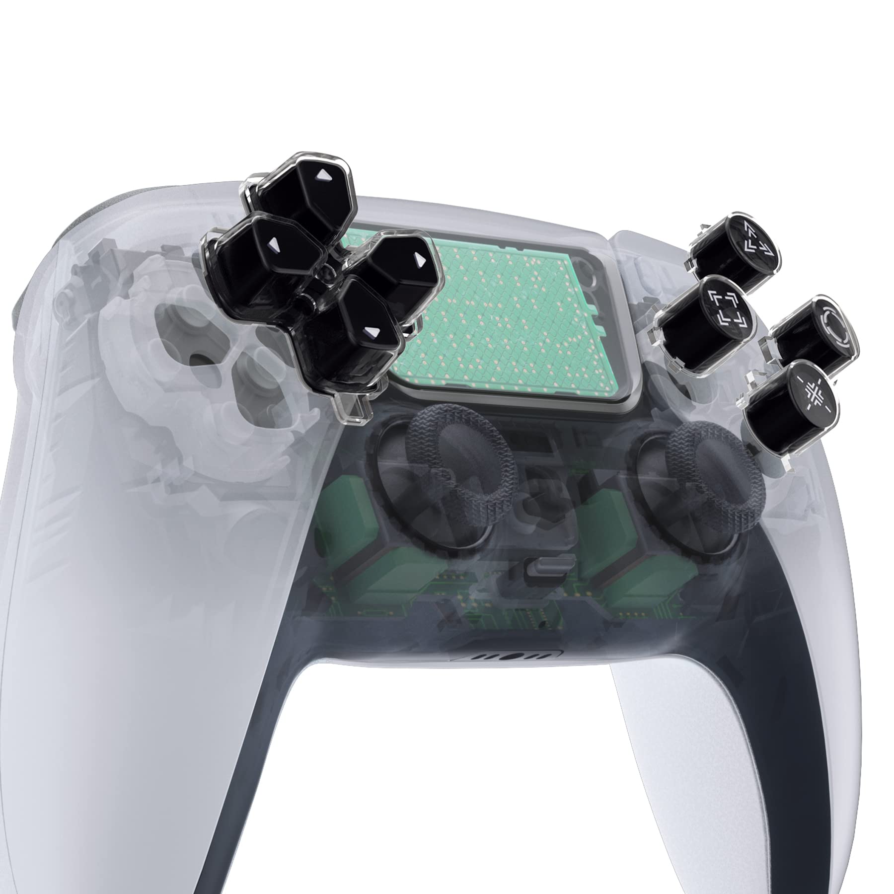 eXtremeRate Replacement Custom Dpad Action Buttons Three-Tone Black & Clear with White Redesigned Symbols D-pad Face Buttons Compatible with ps5 Controller