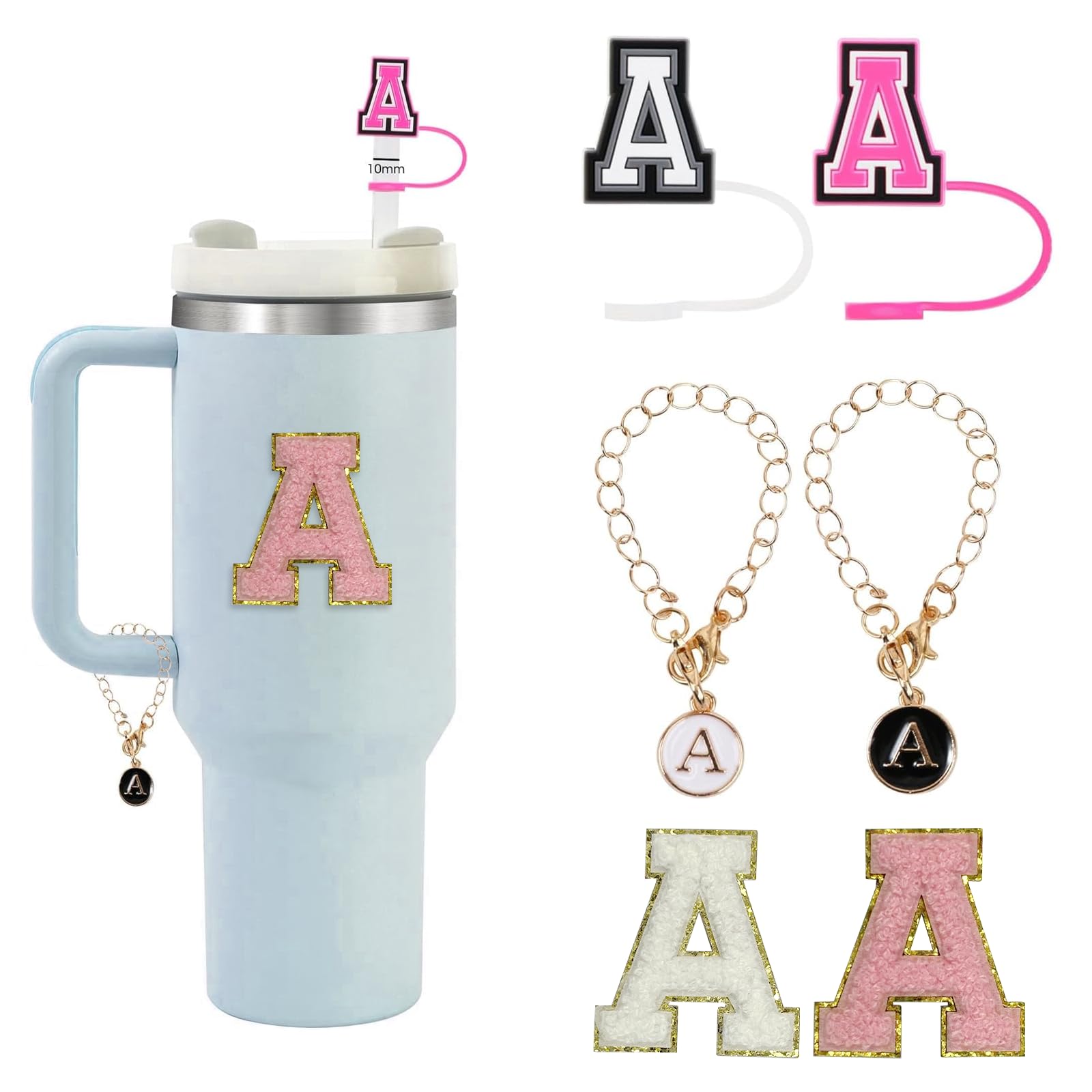 Photo 1 of 6PCS Stanley Cup Letter Accessories, Silicone Straw Cover Cap Toppers, Adhesive Chenille Letter Patch Sticker, Initial Letter Hydro for Stanley 30 40 Oz Tumblers Handle Decor (A)