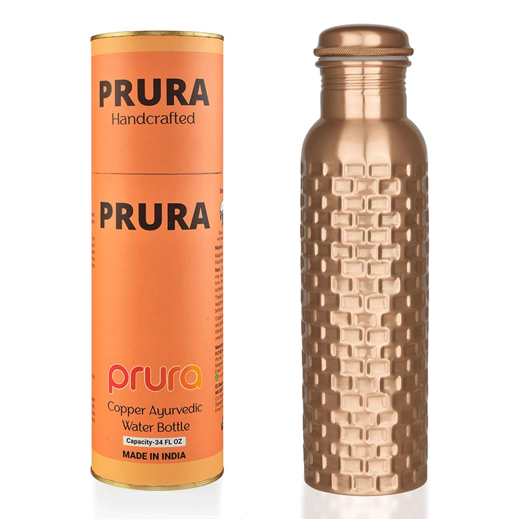 PRURA Copper Water Bottle - Leak Proof Ayurvedic Drinkware Copper Vessel for Sports, Gym, Outdoors, Yoga