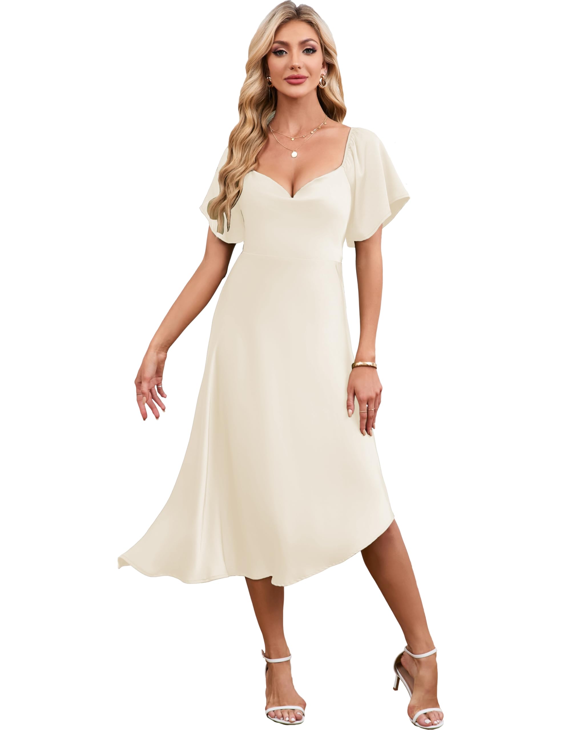 Photo 1 of 2025 Satin Cowl Neck Flutter Sleeve Midi Dress Silk Sexy Tie Back Asymmetrical Hemline Formal Long Dresses for Wedding Guest Champagne