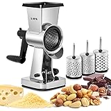 Rotary Cheese Grater Stainless Steel Round Cheese Shredder Grater Walnuts Grinder with 3 Interchangeable Drum Blades for Choc