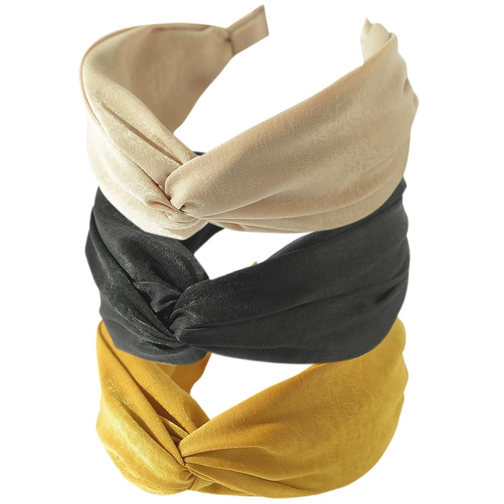 3PCS Headbands for Women's Hair Boho Wrap Tie Fashion Hairbands Elastic Twist Hair Scarf Pretty Bow Tie Hair Bands Wide Alice Hair Bands for Women Uk and Girls (Solid)
