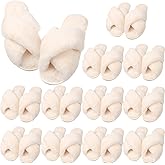 VAIPI 12 Pairs Womens Cross Band Fuzzy Slippers Bulk Plush House Slippers Bridesmaid Bridal Party Slipper White Open Toe Fluffy Slipper