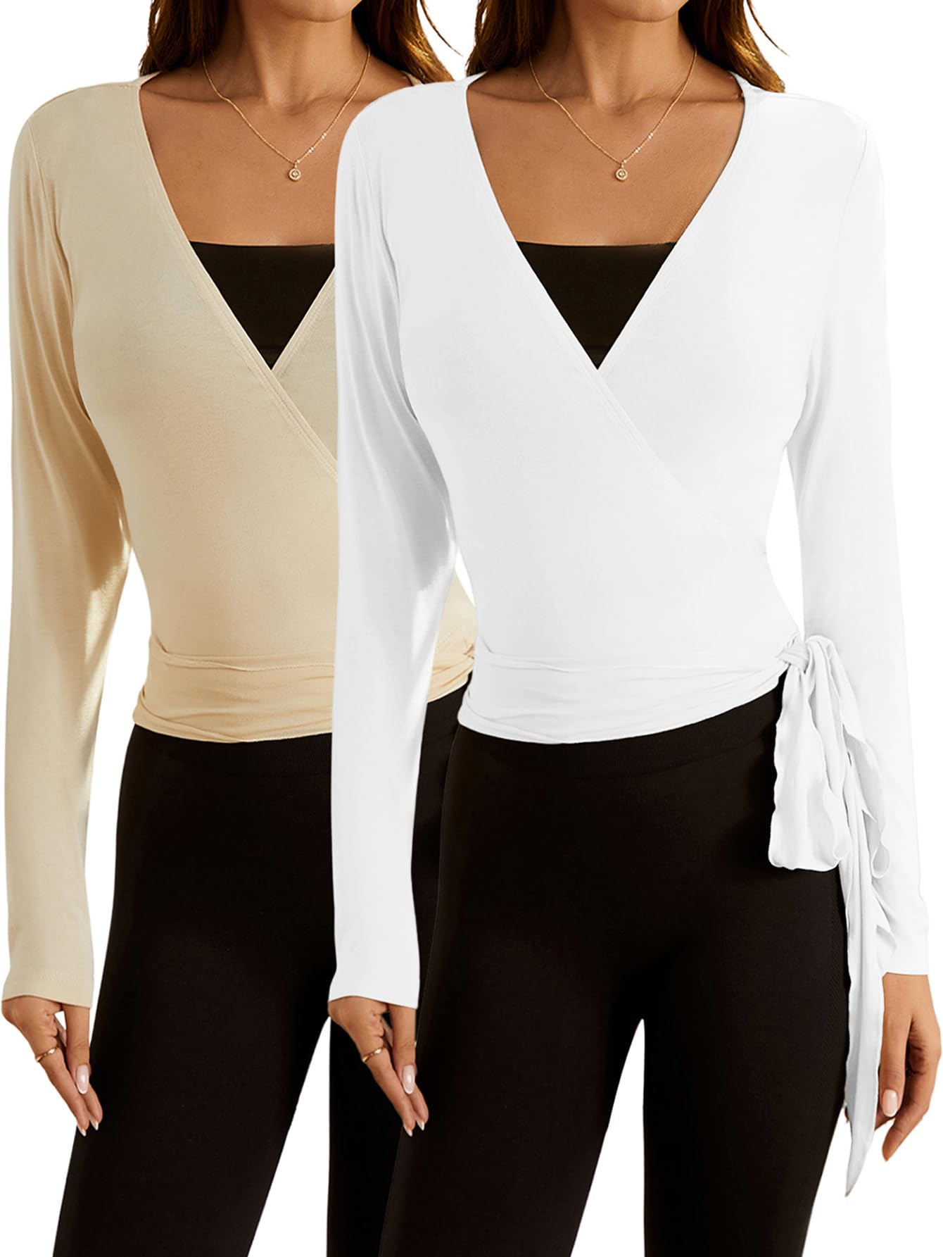 Photo 1 of SweatyRocks Women's Y2k Pilates Wrap Tops Ballet Yoga Coquette Shirt Cute Long Sleeve Workout Activewear White and Beige Medium