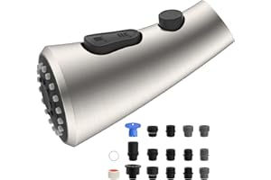 Hibbent Curved Pull Down Kitchen Faucet Head Replacement, 3-Function Kitchen Sink Spray Nozzle with 14 Adapters, Anti-Splash, Compatible with Kohler Bent Faucets, Brushed Nickel