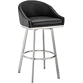 Armen Living Eleanor Swivel Counter Stool in Brushed Stainless Steel and Black Faux Leather