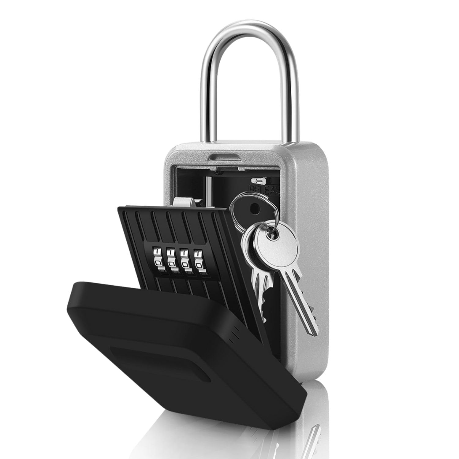 Flexzion Key Lock Box with Key Storage Safe Box, 4 Digit Combination Lock Detachable Dual Open U Shape Lock, Security Storage Holder Code Case for House Indoors Outdoors Weather Rust Resistant