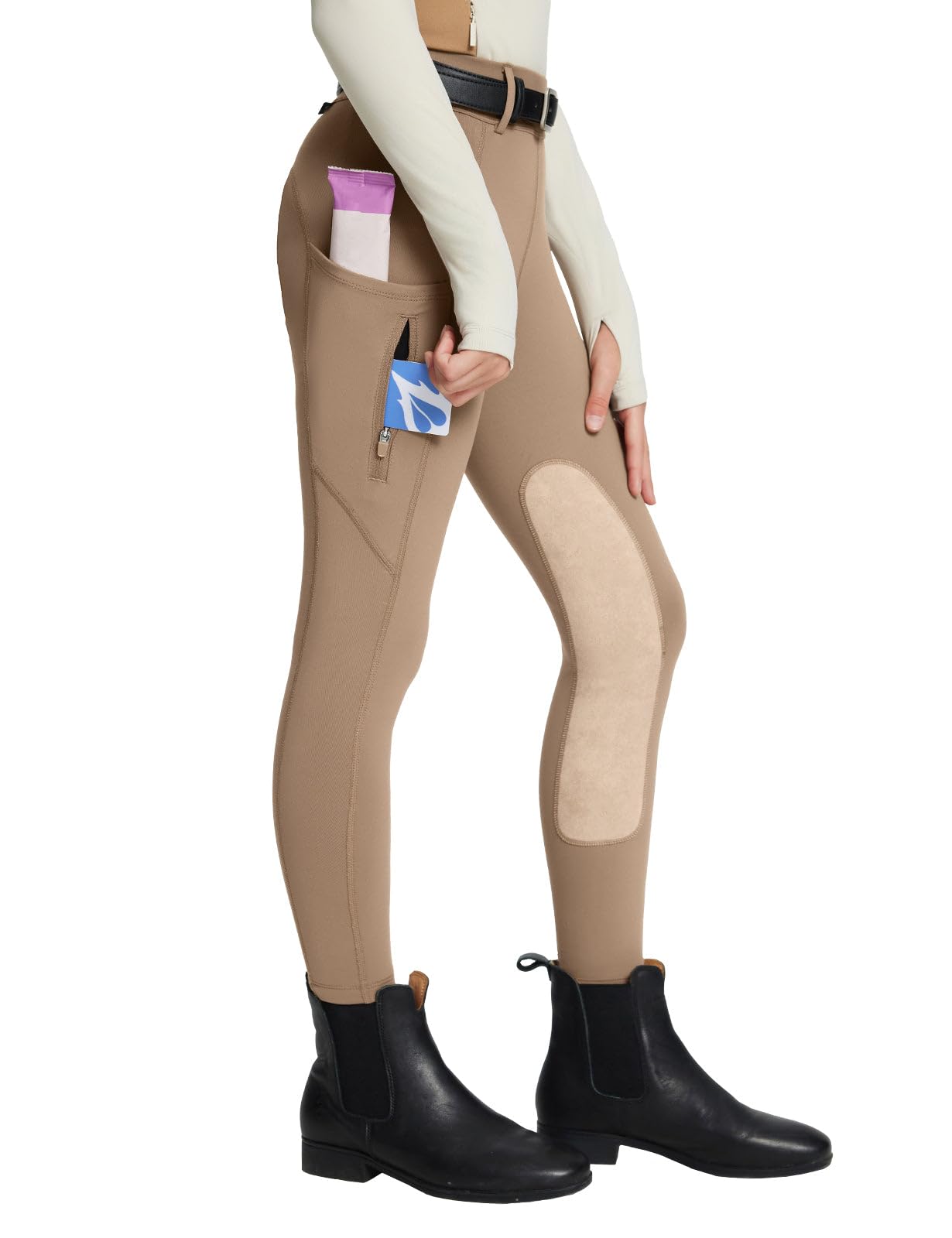 Photo 1 of baleaf Girls Horse Riding Pants Kids Winter Fleece Horseback Equestrian Knee-Patch Breeches Youth Schooling Tights Zipper Pockets Brown L