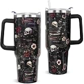 Nqhsionv Books Gifts 40oz Halloween Goth Skull Rose Tumbler Retro Bookworm Coffee Travel Mugs Insulated Cup with Handle and Straw Gifts for Women Readers,Reading,Bookish,Librarian,Book Lovers