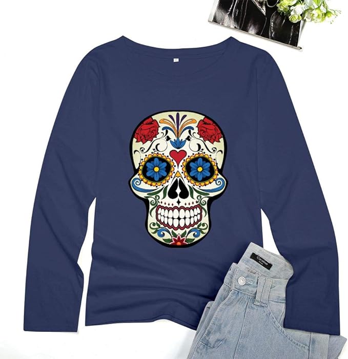 Sugar Skull Graphic Tee Top, Womens Halloween Cute Long Sleeve Funny