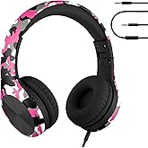 LilGadgets Connect+ Pro Wired Kids Headphones for School with Microphone, Volume Limiting Over-Ear Headset with Cord, SharePort Technology & SoftTouch Padding, Pink Camo