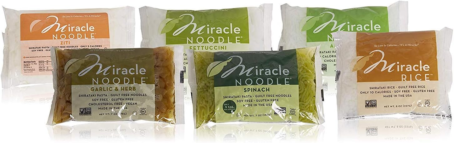 Miracle Noodle Gluten Free Zero Carbs Shirataki Pasta and Rice, Variety Bundle of Six 7-Ounce Packages: One Each of Angel Hair, Fettucine, Rice, Spinach Angel Hair, Garlic Herb Fettucine, and Ziti