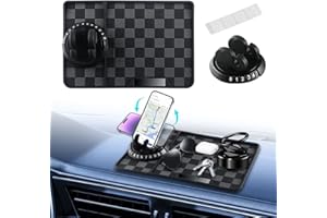 NHHEO Car Anti Slip Mat Dashboard Tray Decorations Sticky Pad Thicken Washable with 360° Rotating Universal Phone Pad Holder+Number Plate for GPS Aromatherapy Sunglasses Key(Black&Gray)