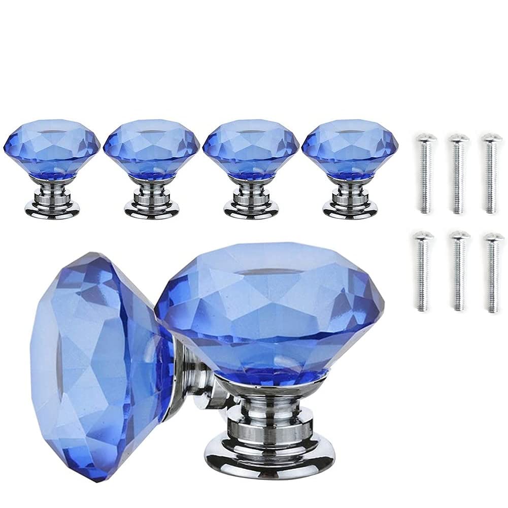 ANSIEDIO Blue Crystal Drawer Knobs - 6 PCS 30MM Glass Drawer Handles Crystal Cupboard Knobs Diamond Pulls with Screws for Kitchen Office Chest Cabinet Drawer