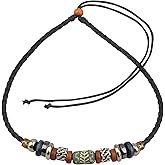Ancient Tribe Boho Tribal Choker Necklace with Braided Leather Cord, Ceramic-Style Beads & Adjustable Closure, 15 Inches