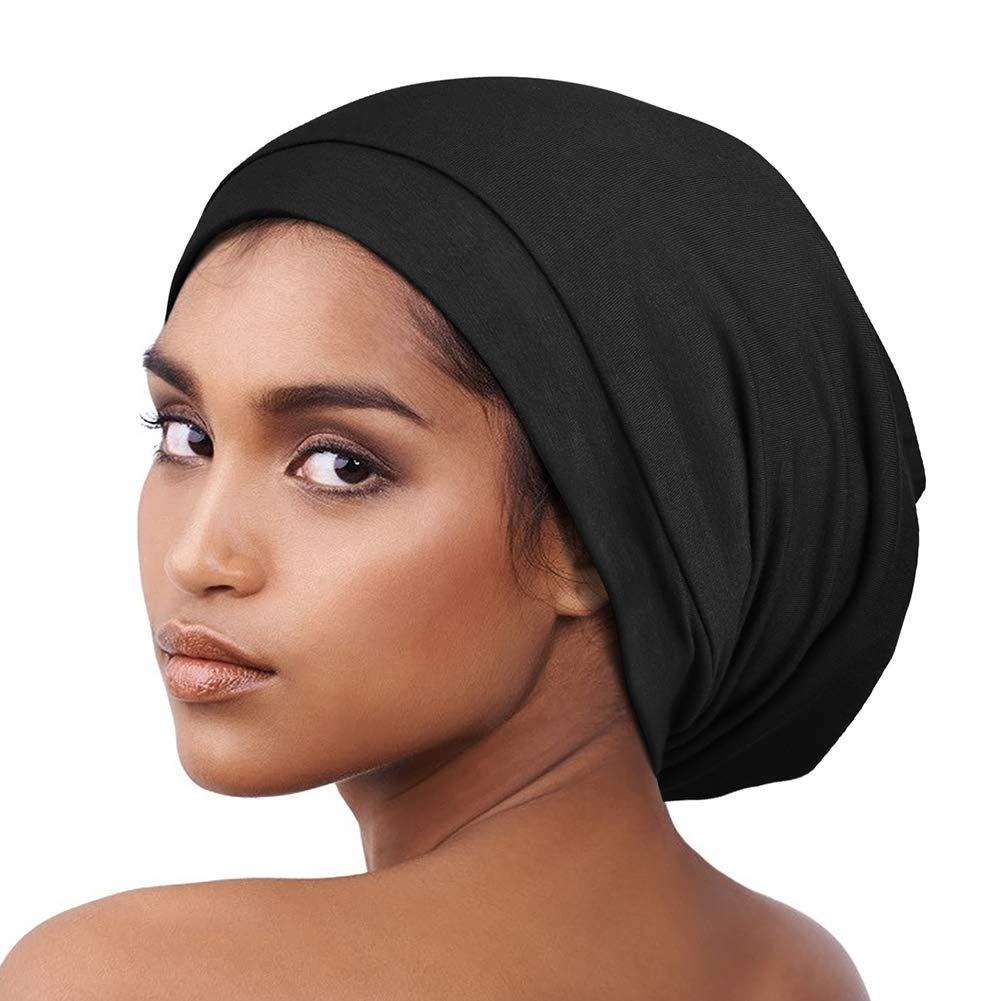 Alnorm Satin Bonnet, Satin Lined Slouchy Beanie Cap for Curly Hair Black