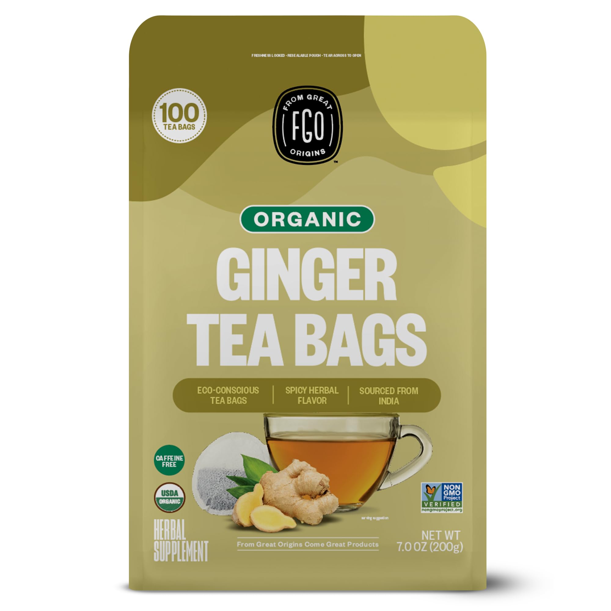 FGO Organic Ginger Tea, Eco-Conscious Tea Bags, 100