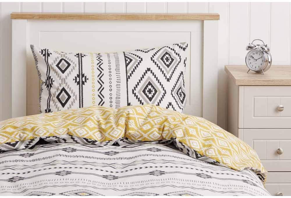 Wilko Grey Ochre Tribal Print Single Duvet Set (135 x 200cm), Reversible Polycotton Duvet Cover with Aztec Print Design and a Matching Pillowcase