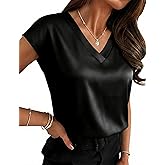 LOMON Women Silk Satin Tops Cap Short Sleeve Blouse V Neck Shirts Business Casual Outfits