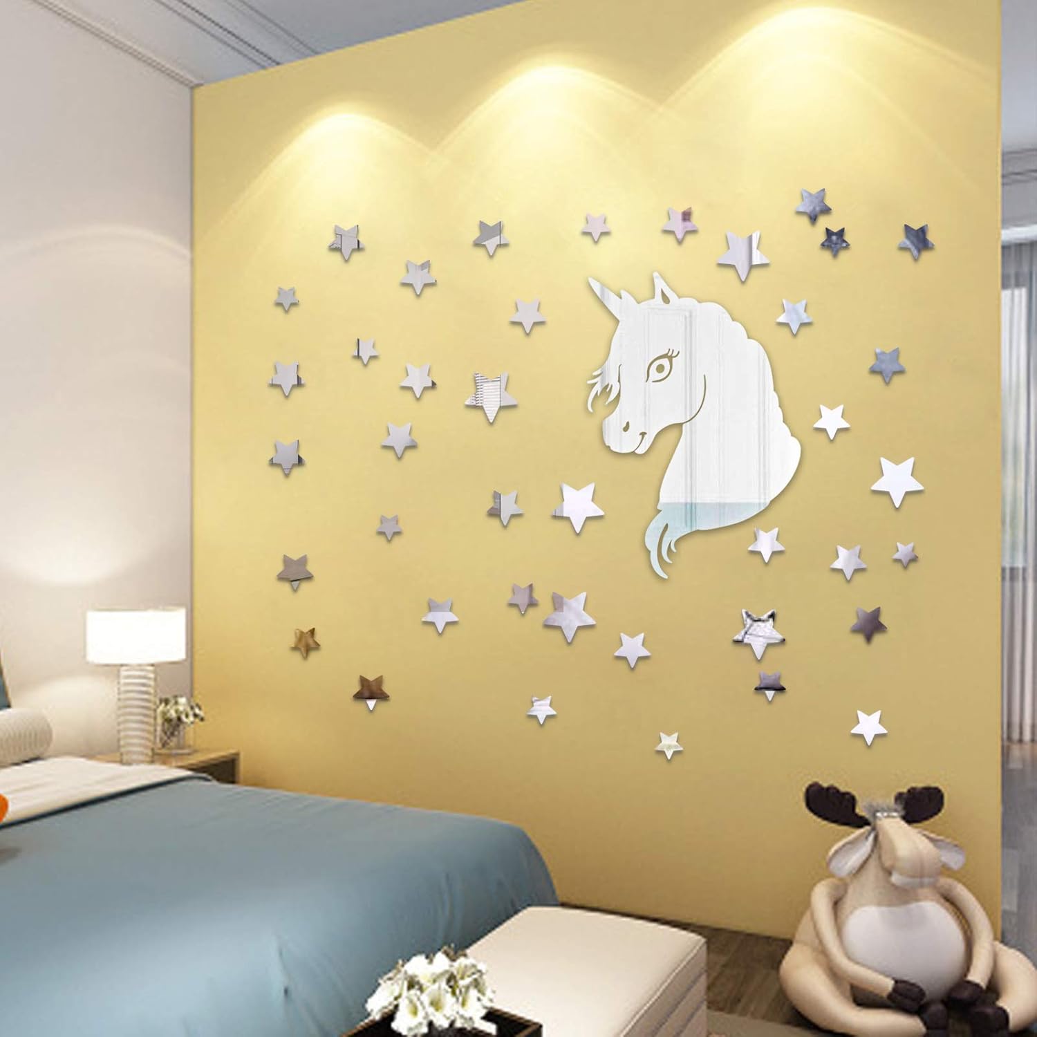 Unicorn Mirror Wall Stickers with 50 Stars Acrylic DIY Decal with