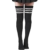 Moon Wood Women Striped Thigh High Socks Coral Fleece Thigh Highs Fuzzy Over Knee Socks Cozy Leg Warmers Valentine