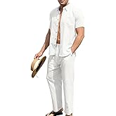 URRU Men’s 2 Piece Linen Outfit Summer Beach Short Sleeve Button Down Shirt and Pants Set